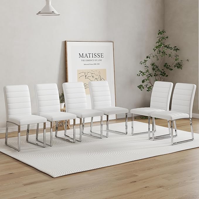 Modern Dining Chairs Set of 4, White Faux Leather Kitchen Chairs, Upholstered Armless Dining Room Chair with Gold Mental Legs Heavy Duty, Comfortable (White Chairs, Set of 6)