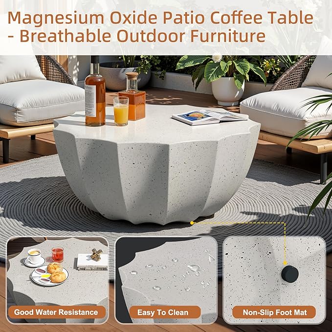 35" Outdoor Round Coffee Table Modern Stylish Design Waterproof & Moisture-Proof No Assembly Required Outdoor Coffee Table for Patio, Garden, Backyards - US Warehouse (White)