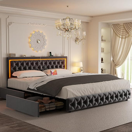 Queen Bed Frame with 4 Storage Drawers, Velvet Upholstered Bed Frame Queen Size with Charging Station and LED Lights, 46" Adjustable Button Tufted Headboard, No Box Spring Needed, Grey