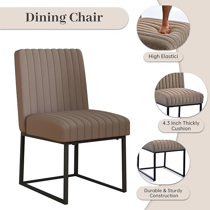 VKNOW Upholstered Dining Chairs Set of 4, Modern Dining Room Chairs with Stripe, Linen Kitchen Chair Dinner Chair with Black Metal Base for Kitchen Office, Brown