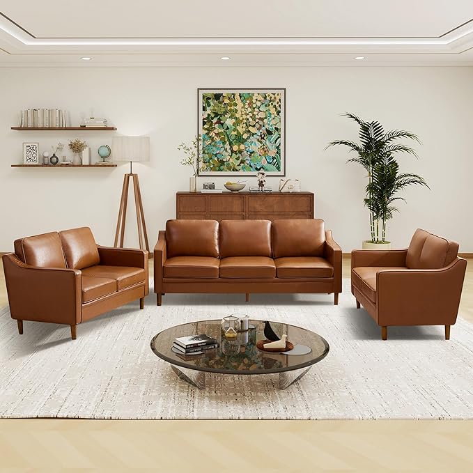 Kingfun Living Room Furniture Sets, Armchair and 2 Loveseat, Mid Century Modern Sofa Set, Faux Leather Couch with Solid Wood Frame for Living Room & Bedroom, Dark Brown