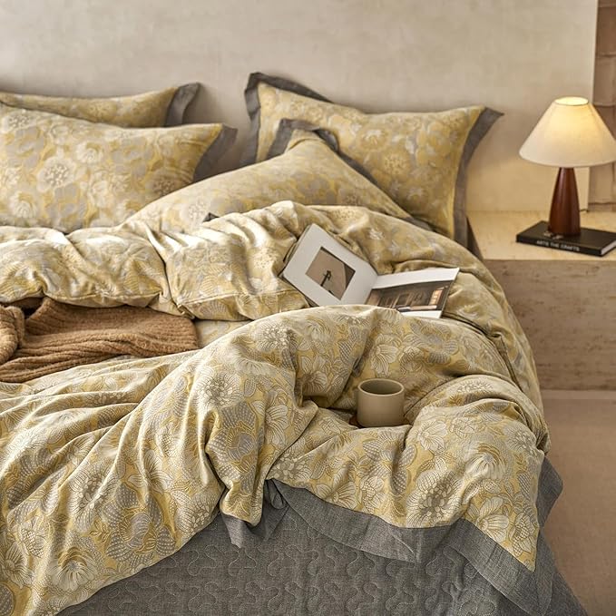 LifeTB Vintage Flower Duvet Cover King Yarn-Dyed Cotton Linen Textured Duvet Cover Jacquard Golden Floral Duvet Cover Bordered Garden Style Botanical Comforter Cover Chic Farmhouse Bedding Set King