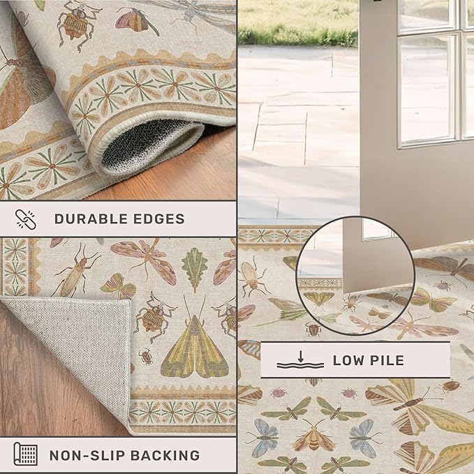 Beige Neutral Small Rugs for Bedroom - 3x4 Throw Rug for Large Entryway, Kitchen, Nursery Room, Insect Print Floral Non-Slip Accent Rug Low Pile Stain Resistant