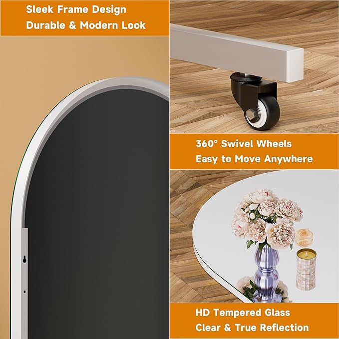 Hasipu 71" x 28" Arched Rolling Home Gym Mirror with Wheels, 360° Swivel Body Mirror with HD Tempered Glass, Large Floor Mirror for Yoga Room, Dance Studio, Bedroom & Home Gym
