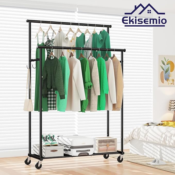 Double Rod Clothes Rack with Wheels Load 400 LBS, 45 Inch Rolling Clothing Rack for Hanging Clothes, Heavy Duty Garment Rack with Shelves, Metal Portable Closet, Black
