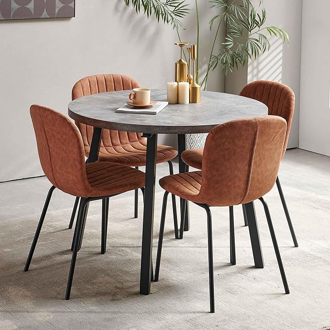 5-Piece Round Table Set for 4, 37.4" Grey Round Table with Hooks, Solid MDF Tabletop, Industrial Kitchen Table with Brown PU Dining Chairs for Living Room, Dining Room