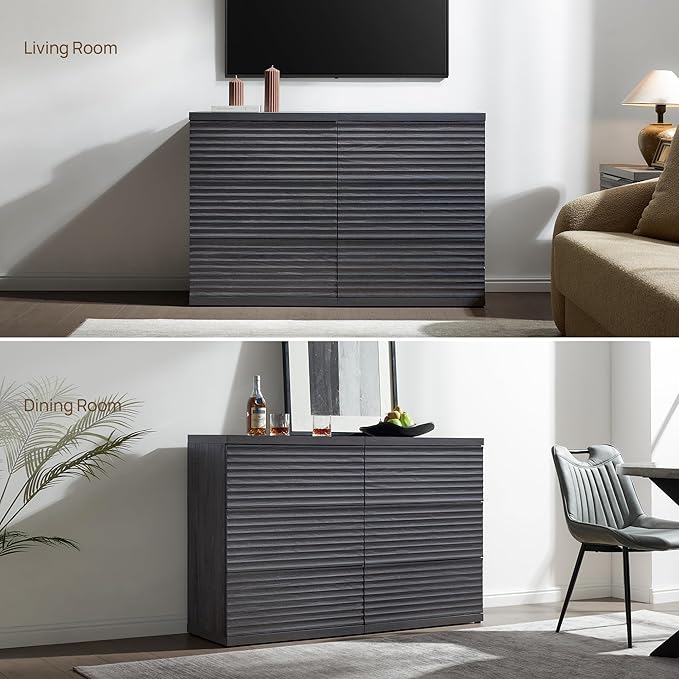 SICOTAS Buffet Cabinet with Storage, Modern Accent Sideboard Credenza with 3 Larger Drawers, Fluted Media Console Mid Century Coffee Bar Table for Living Room Kitchen, Dark Grey Alder (4 PCS)