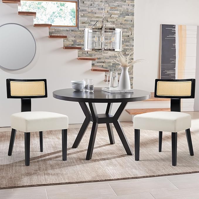 Rattan Dining Chairs Set of 4, Mid-Century Modern Fabric Upholstered Dining Room Chairs with Black Hardwood Frame, Curved Backrest Kitchen Chair Armless Accent Chairs for Dining Room (Cream)