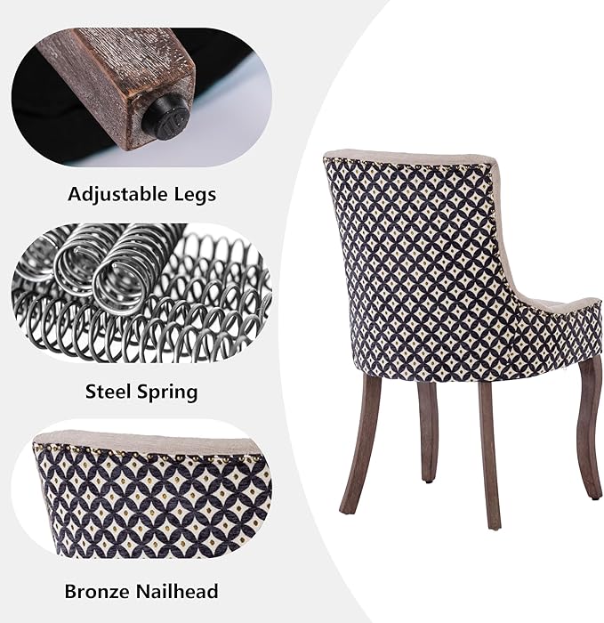 Farmhouse Dining Chairs Set of 4, Upholstered Fabric Dining Room Accent Chairs with Wood Legs & Bronze Nailhead, High Wingback Kitchen Chairs for Living Room Hotel Apartment, Beige Patterned