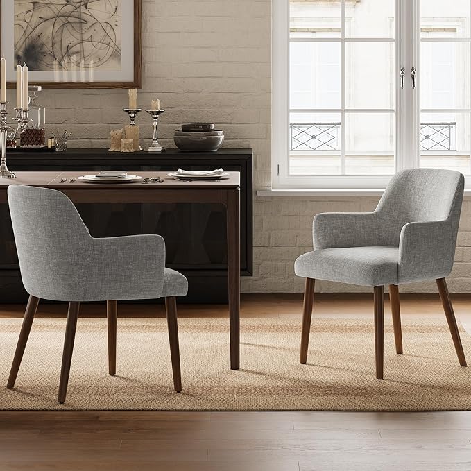Upholstered Dining Chairs Set of 4, Modern Kitchen Chairs with Back and Curved Armrest, Fabric Side Dining Room Chairs with Wood Legs for Kitchen Dining Room Restaurant, Grey