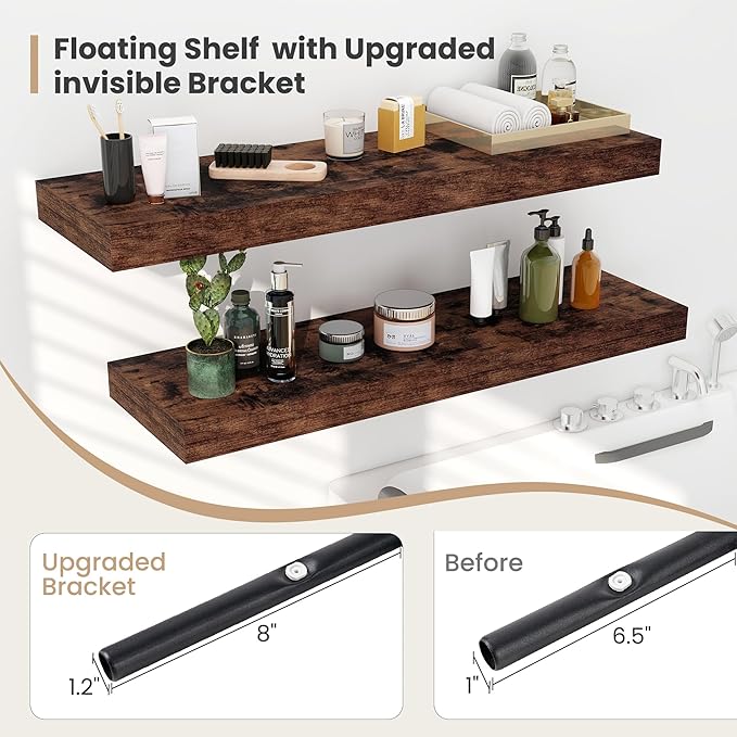 Heimlove 12 Inch Deep Floating Shelves, 48 x 12 inches Long Wall Shelf, Large Display Shelf & Storage Shelf, Rustic Wood Wall Shelves for Fireplace Mantel, Set of 2(Rustic Brown)