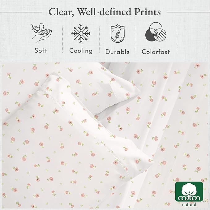 California Design Den Floral Print King Size Sheets Set - Luxury 400 Thread Count Sateen, Natural 100% Cotton Sheets King Size, Deep Pockets, Cooling and Durable Bedding Set - Soft Floral