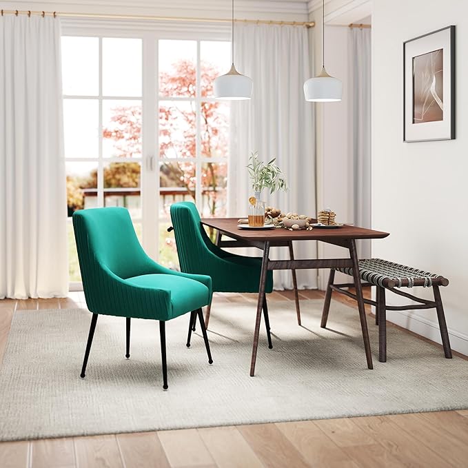 Dining Chairs Set of 4,Modern Velvet Accent Kitchen Chairs,Dark Green Striped Dining Chairs with Black Legs Upholstered Guest Chairs for Living Room/Kitchen/Restaurant/Study Room