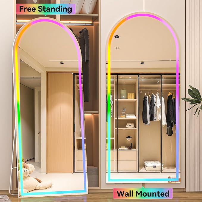 Hasipu 82.7" x 35.4" Arch LED RGB Bluetooth Full Length Mirror with Stand ＆ 7 Color Lighting Modes, Full Body Mirror with White Frame for Bedroom, Living Room, Dressing Room