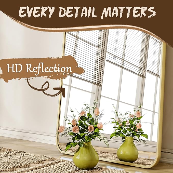 56"x21" Floor Full Length Mirror Standing Full Body Rounded Corner Rectangle Mirrors with Stand Hanging Wall Mounted Leaning Bedroom Living Room Bedroom Cloakroom,Gold