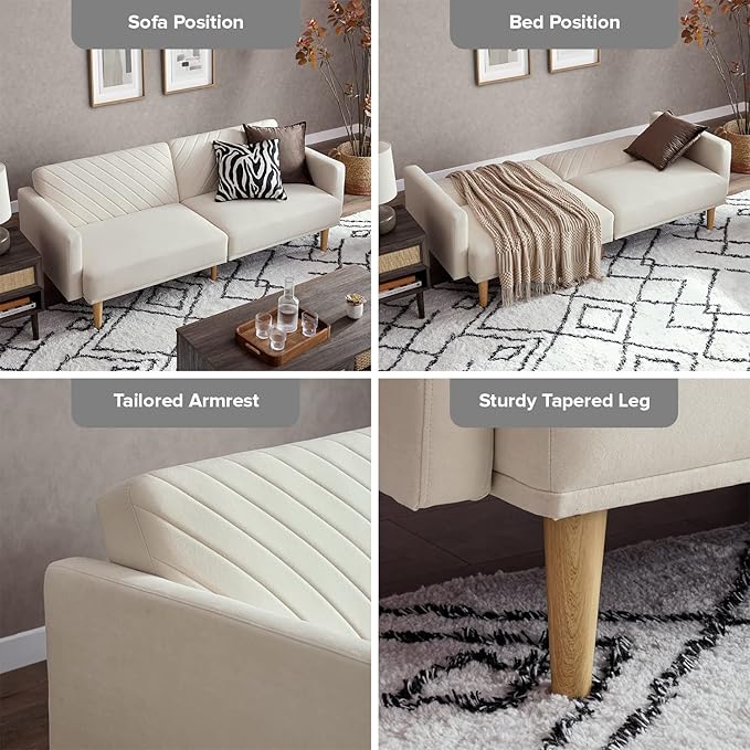 mopio 76.4" Futon Sofa Bed, Couch, Loveseat, Sleeper Sofa, Mid Century Modern Futon Couch, Sofa Cama, Couches for Living Room (Snow Velvet)