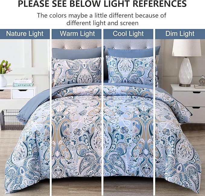 Drucon Blue Paisley Comforter Set King, 7 Pieces Bed in a Bag Boho Comforter Soft Microfiber Blue Paisley Bedding(1 Comforter, 1 Flat Sheet, 1 Fitted Sheet, 2 Pillow Shams, 2 Pillowcases)