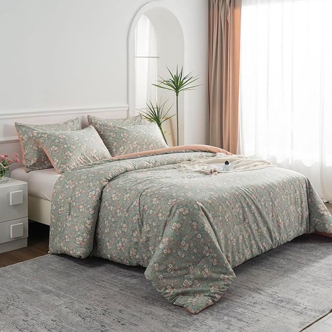 Floral Queen Comforter Set 3 Pieces Soft Chic Garden Style Vintage Floral Print Lightweight Botanical Flower Comforter Set for All Seasons 1 Comforter and 2 Pillowcases (Queen)