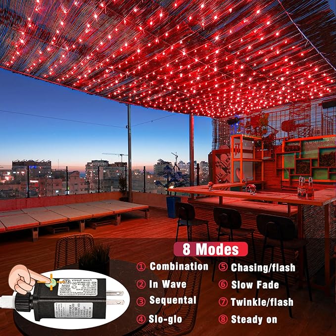 Vivideal 100 LED Red Christmas Lights Outdoor, 33ft Red String Lights 8 Modes Clear Wire, Connectable Waterproof Plug in Led Light for Bedroom Indoor Outdoor Christmas Decorations