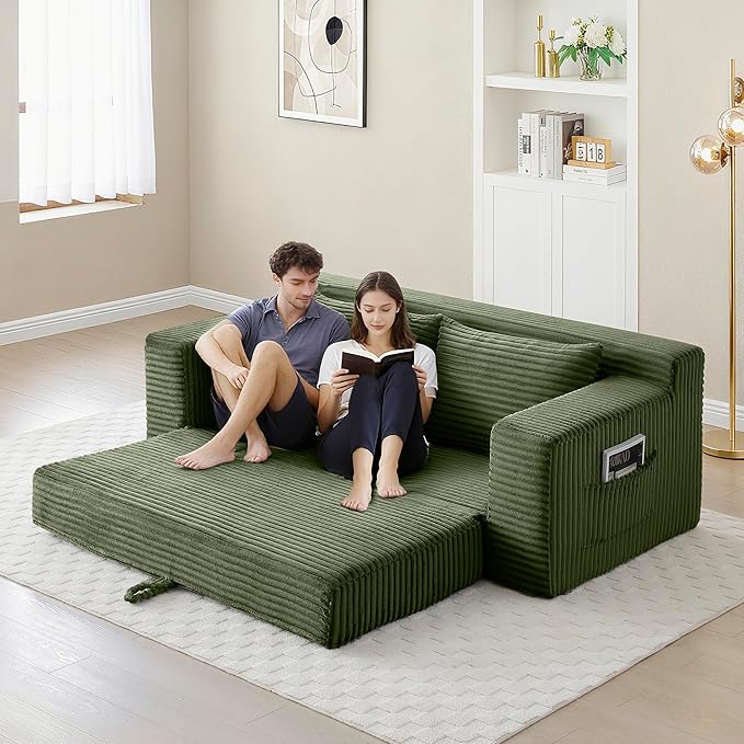 73" Cloud Loveseat Sofa Couch in a Box, 2 Seater Boneless Couch, Convertible Pull Out Sofa Bed with Pillows, No Assembly, Memory Foam, Modern Small Couches for Small Spaces (A-Green)