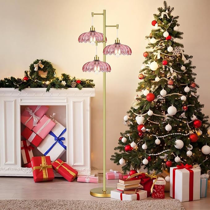 Vintage Floor Lamps for Living Room Bedroom-3 Light Glass Floor Lamp with Three Led Bulb, Modern Mid Century Standing Lamp Brass Tall Lamp Gold Tree Floor Lamp for Bedroom Corner
