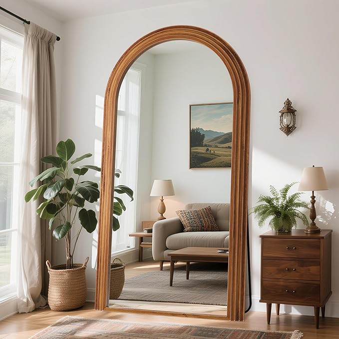 Antok Full Length Mirror 82"×44" Floor Mirror Standing Tall Mirror, Arched Stand up Large Wall Mirrors, Freestanding Full Body Mirrors for Bedroom Living Room Wood Vintage Style Brown