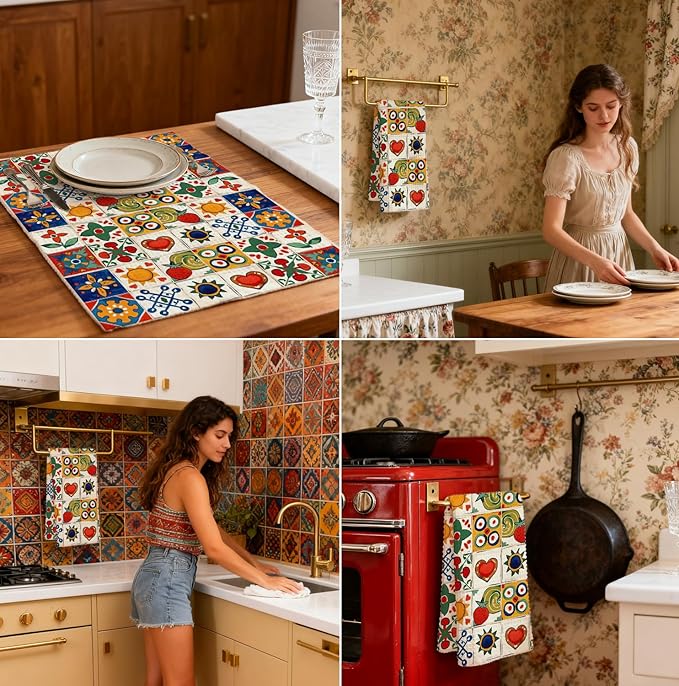 Spanish Kitchen Towels, Mediterranean Colorful Tile - Pattern Waffle Towels 16x24 Inch, Floral & Fruit Dish Towels Decor for Kitchen, Spanish Inspired Hand Towel for Bathroom Decor.