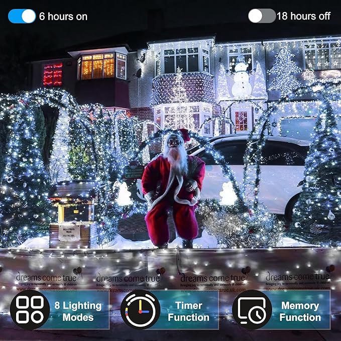 300LED Christmas Lights Indoor Outdoor Use Green Wire, 8 Lighting Modes 100FT Christmas Tree Lights with Timer & Memory, IP44 Waterproof for Tree Xmas Patio Yard Fence Balcony Garden Cool White