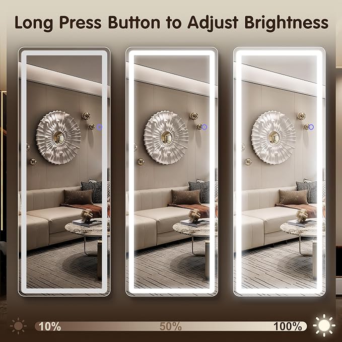 FENNIO Full Length Mirror with Lights, 57" x 17" LED Full Body, Free Standing Lighted Floor Mirror, Wall Mounted Hanging Mirror with Lights for Bedroom, Dimmable & 3 Color Lighting, White