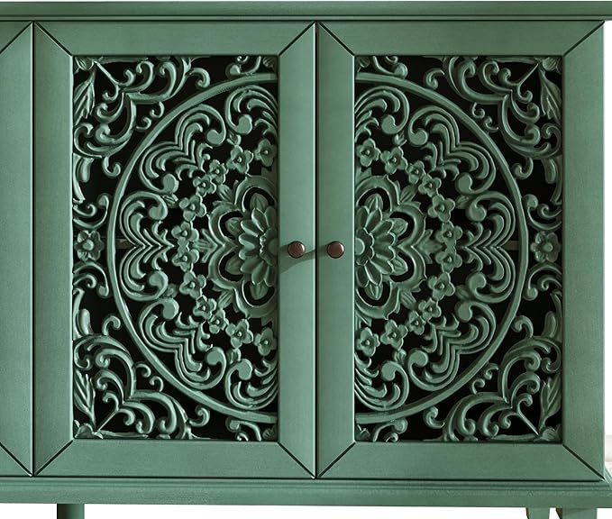 Retro 60'' Large Storage Cabinet Sideboard with 4 Hollow-Carved Doors and Adjustable Shelves, Acacia Wood Vintage Entryway Console Table TV Stand for Living Room Dining Room (Antique Green-LK)