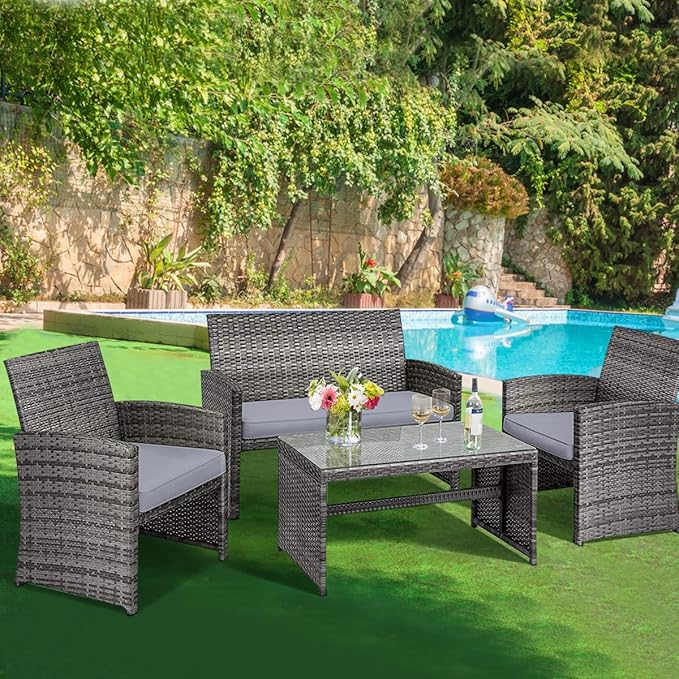 Tangkula 4 Pieces Patio Wicker Conversation Furniture Set, Patiojoy Sofa & Table Set w/4 Seats, Outdoor Rattan Sofa Set for Balcony Backyard, Wicker Chair Set with Tempered Glass Coffee Table