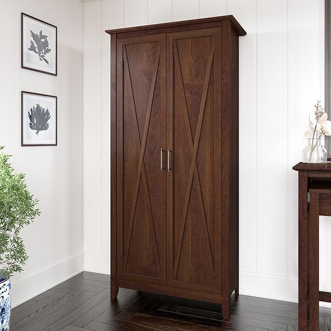 Bush Furniture Key West Tall Storage Cabinet with Doors and Shelves in Bing Cherry, 2 Door Organizer for Home Office, Living Room, Entryway