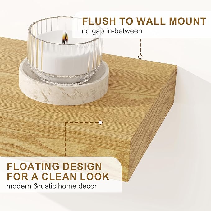 Fun Memories 66 Inch Fireplace Mantel - Long Floating Shelf, Wall Mounted Farmhouse Display with Invisible Heavy Duty Metal Bracket, Oak, 2 Pack
