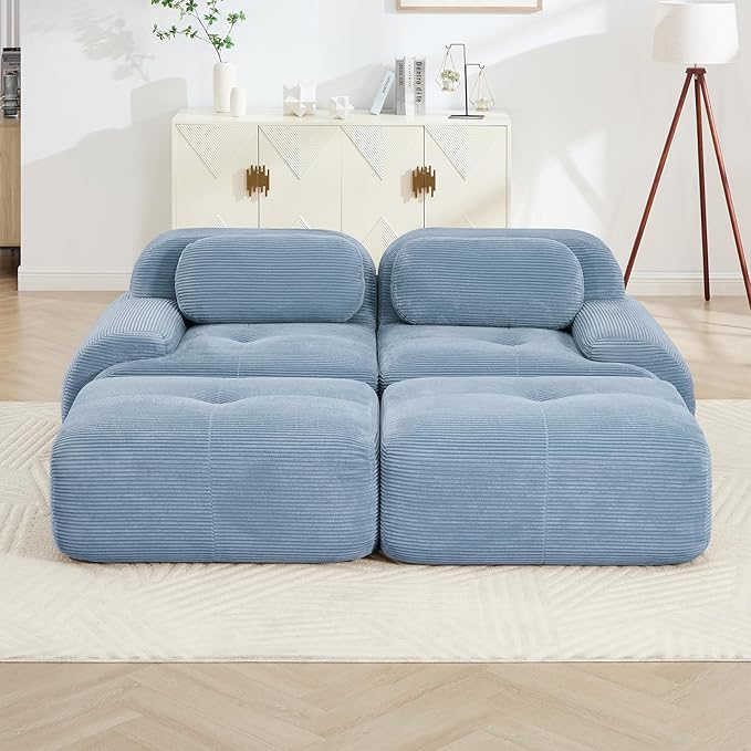 80" Modern Compressed Boneless Love Seat Couches with 2 Ottomans, 2 Seater Large Sectional Couches for Living Room, Blue Corduroy Cloud Modular Sectional Sofa, Memory Foam, Deep Loveseat, No Assembly