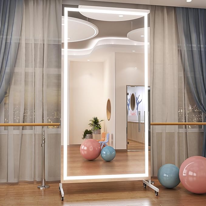 Hasipu Home Gym Mirror with Light 360° Swivel on Wheels, 79" x 40" Extra Large Full Length Rolling LED Mirror for Yoga Studio, Bedroom, Dancing Studio, White