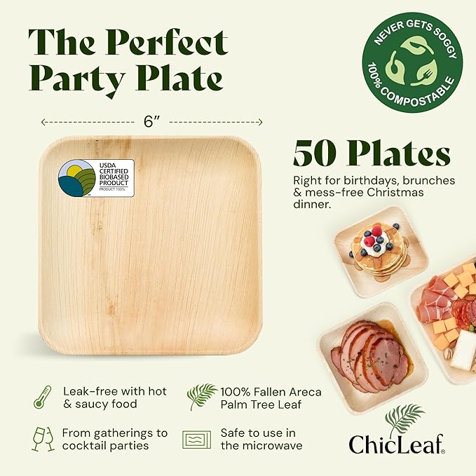 Chic Leaf Palm Leaf Compostable Plates - 6" Square, Pack of 50 - Disposable Dinnerware for Christmas Food, Rustic Bamboo Appetizer Plates - Charcuterie Boards & Biodegradable Serviceware