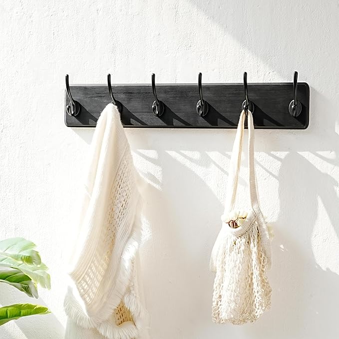 Dseap Wall Mounted Coat Rack: 24" Long, Patented, Heavy-Duty, 6-Double-Hooks Wooden Hanger Rail for Winter Coats, Hat, Jacket, Clothing - Black, Pack of 2