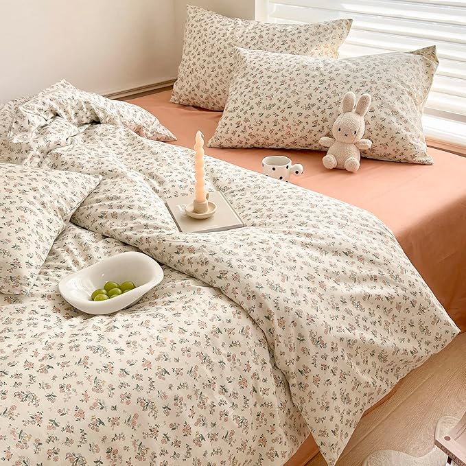 LifeTB Aesthetic Floral Duvet Cover King Cozy Boho Pink Flower Cotton Bedding Set Farmhouse Vintage Botanical Flower Duvet Cover Cute Floral Comforter Cover Girls Cottagecore Duvet Cover Set King