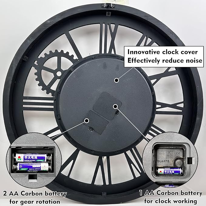 The B-Style Large Wall Clock 18 inch Moving Gear Wall Clock Oversized Vintage Farmhouse Wall Clocks for Living Room Decor Rustic Industrial Wood Clock (Carbon Gray)
