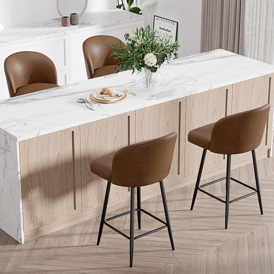 Counter Height Bar Stools Set of 4,360° Swivel Barstools with High Back and Metal Legs,26" Seat Height, Upholstered PU Leather Bar Chairs for Kitchen Island, Dining Room,Cafes,Yellow Brown