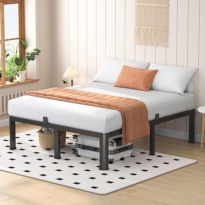 16 Inch Full Heavy Duty 3500 lbs Bed Frame with Round-Corner Legs & Anti-Squeak Design – Quick Assembly Metal Platform, No Box Spring Needed