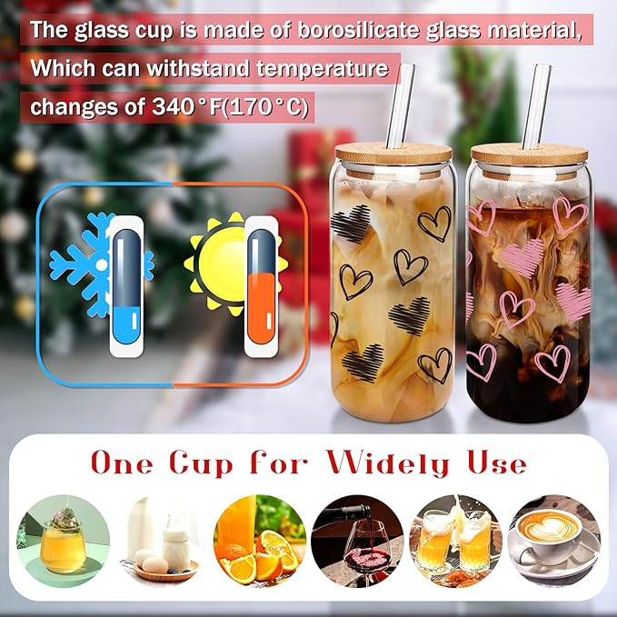 Valentine Glass Cups with Socks, Valentine Gifts For Him/Her, 18 OZ Hearts Glass Cups Gifts,Warm Socks for Women Men, Couple Iced Coffee Cups,Glass Cups with Lids and Straws - 2 Sets