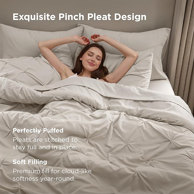 Bedsure California King Comforter Set Linen - Bed in a Bag Cal King 7 Pieces, GentleSoft™ Pintuck Bed Set Gift for Family, Pinch Pleat All Season Comforter with Sheets, Pillowcases & Shams