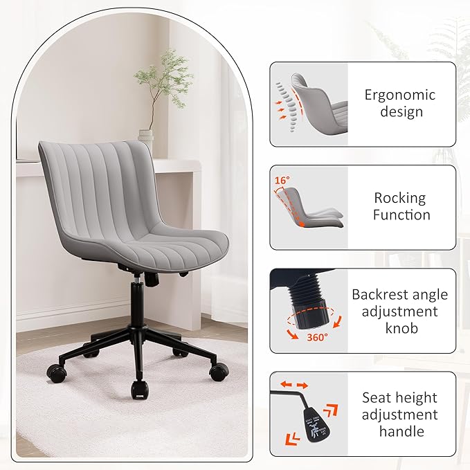 Kidol & Shellder Grey Leather Home Office Desk Chair with Wheels Modern Cute Armless Executive Swivel Vanity Chair with Comfy Padded Back Ergonomic Rolling Adjustable Computer Task Chair Small