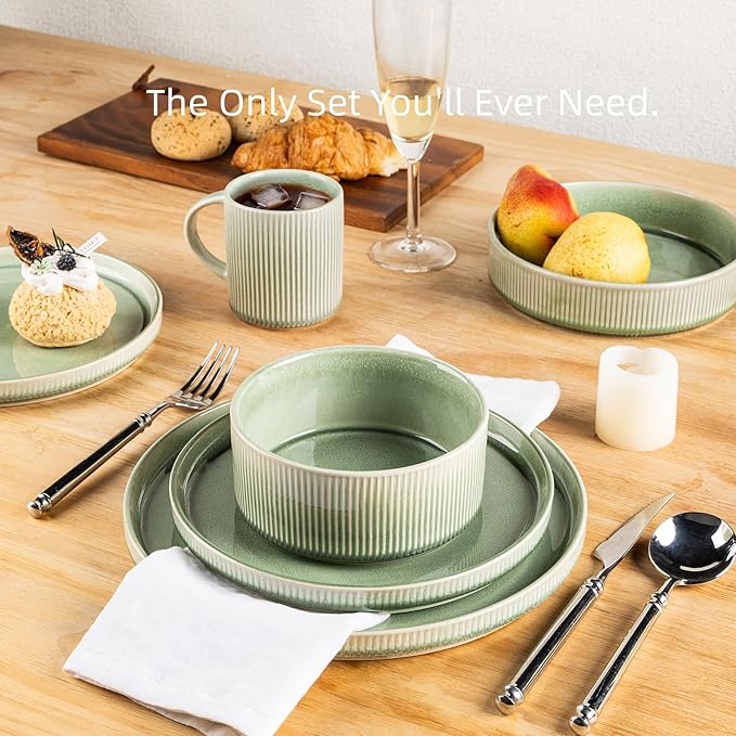 GBHOME Stoneware Dinnerware Sets for 6,Round Reactive Glaze Ceramic Plates and Bowls Set,Highly Scratch Resistant | Dishwasher & Microwave Safe Dishes Set,Service for 6(18Pcs)，Light Green