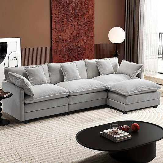 Ihanherry 111.4" L Shaped Modern Sofa Modular Sectional Cloud Couch with Ottoman, 4-Seat Chenille Deep Seat Sofa with Pillow for Living Room, Bedroom and Apartment, Grey