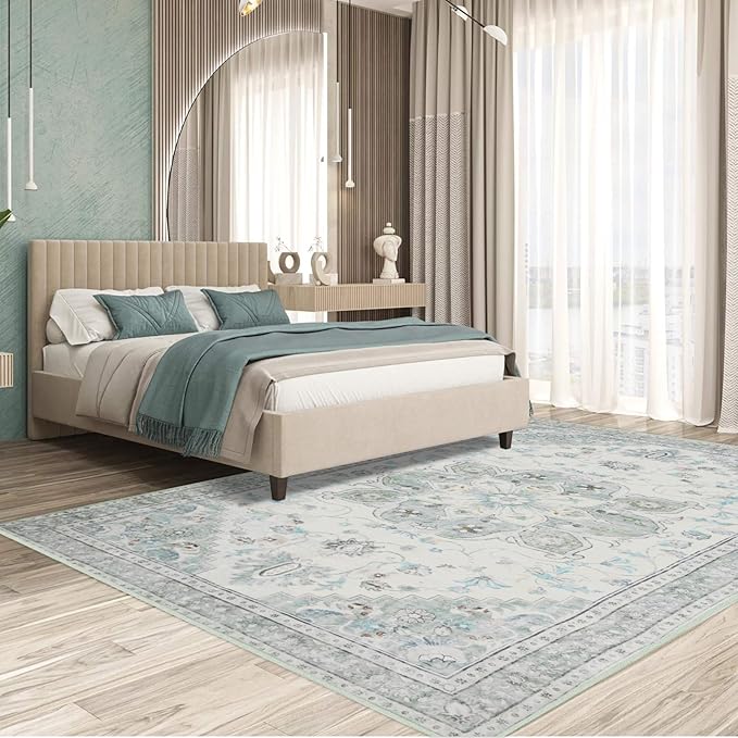 6x9 Soft Washable Area Rugs for Living Room and Bedroom, Non-Slip Stain Resistant Indoor Carpet, Cozy Floor Mat for Dining Room, Office, Under TableStain Resistant Green Floral