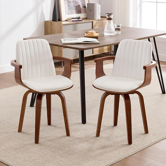 Swivel Dining Chairs Set of 2 - Mid Century Modern Kitchen Chairs for Dining Room, Upholstered PU Leather Chairs with Walnut Arms and Legs, White