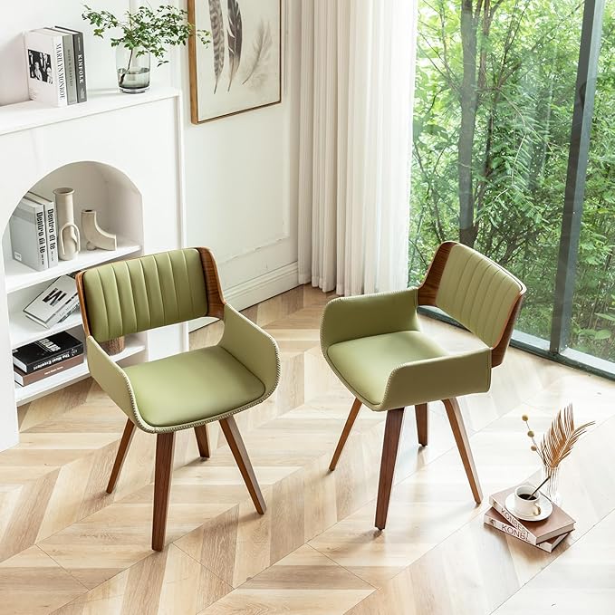 LUNLING Swivel Accent Faux Leather Dining Chairs Set of 4,Mid Century Modern Chairs with Wooden Legs/Armrest/Upholstered Seat/Adjustable Foots for Kitchen Dining Room Desk Chairs,Green
