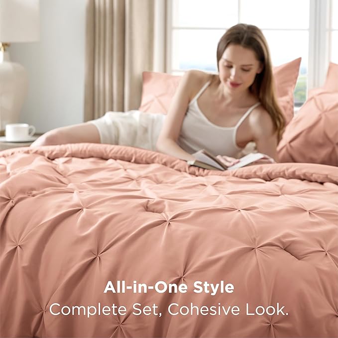 Bedsure Twin Comforter Set Dusty Pink - Bed in a Bag Twin Size Bedding 5 Pieces, GentleSoft™ Pintuck Bed Set Gift for Family, Pinch Pleat Dusty Pink Comforter with Sheets, Pillowcase & Sham